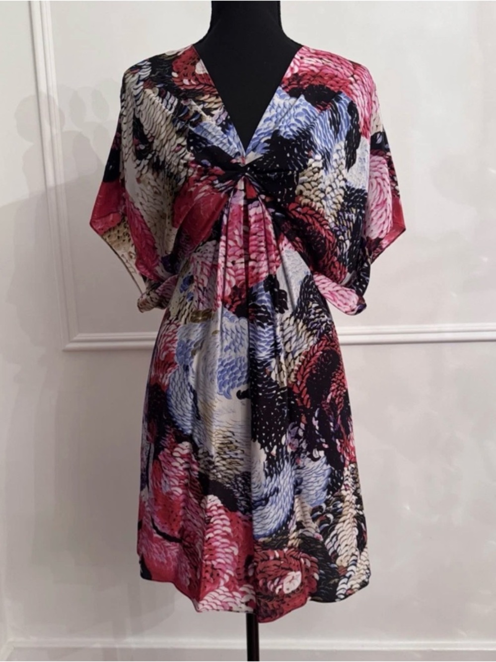 leifsdottir Multicolor V-Neck Dress with Black, Blue, and Red Accents